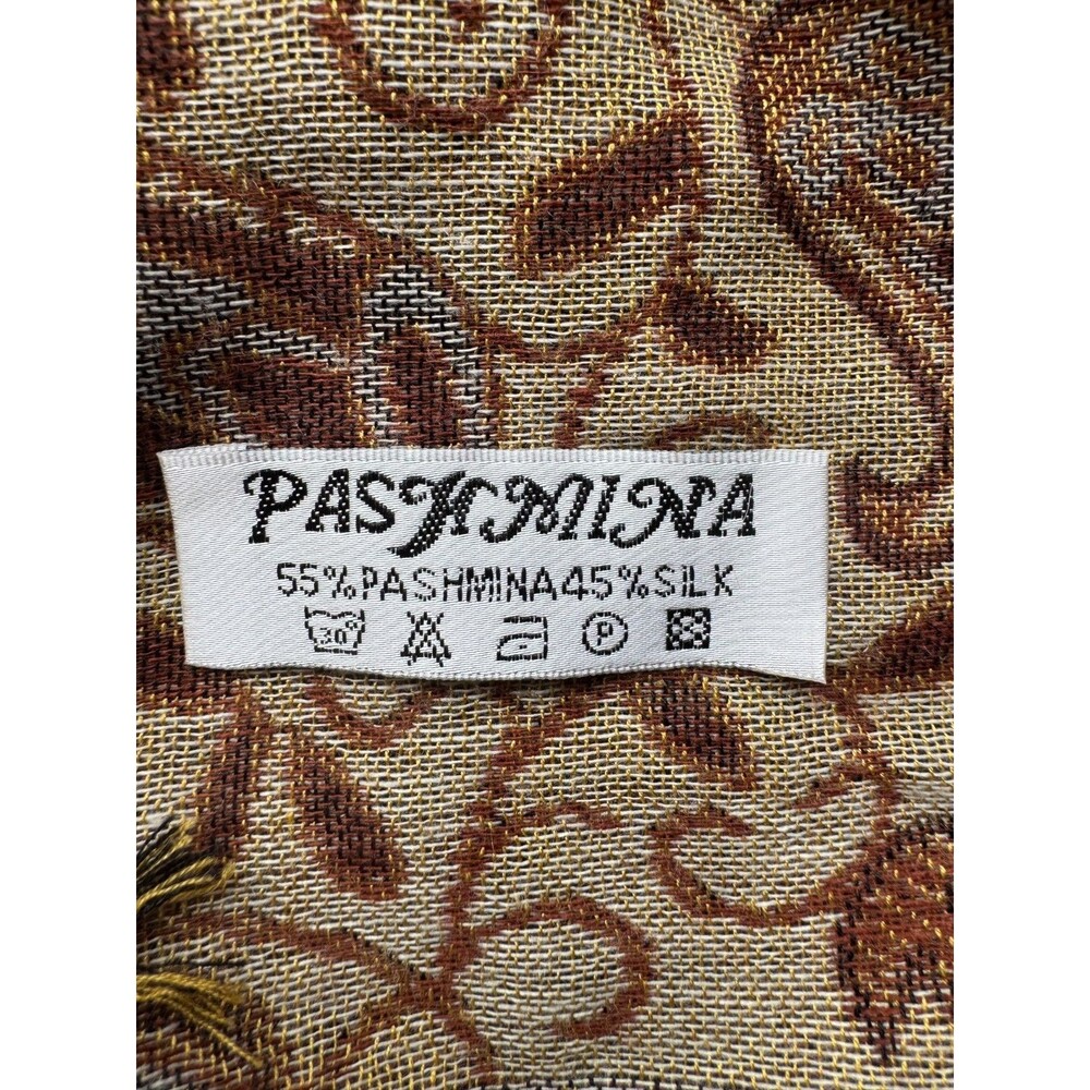 Pashmina Silk Blend Shawl or Wrap, Paisley Brown Tan Gold, Fringe ~28x70